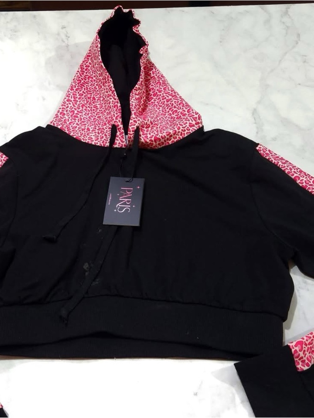 Paris Hilton Black Cropped Hoodie with Pink Leopard Hood